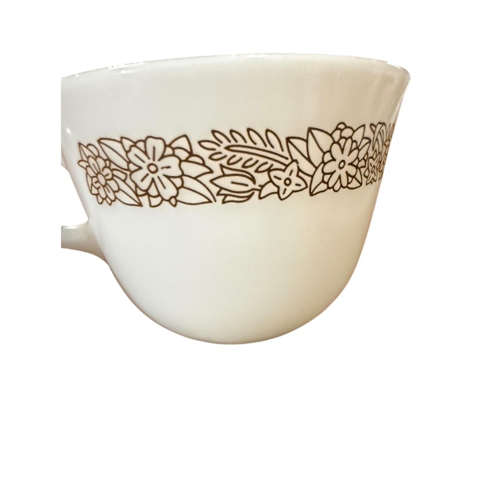 Vintage Pyrex Old Town Blue Milk Glass Coffee‎ Cup Mug Brown Floral Border